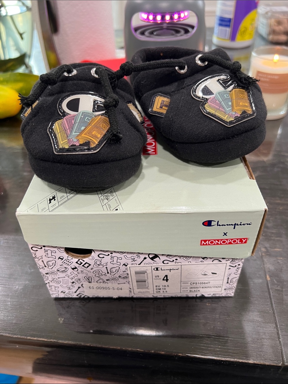 Champion Kids Black Slip-On Slippers with Monopoly Badge